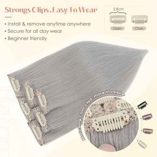 Hairro 6PCS 6 Clips In Short Hair Extensions Remy Real Human Hair Clip Ins Mini Clip On Hairpin Hairpieces For Women 33g 12 Inch #Silver Grey