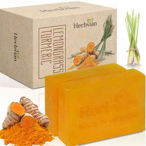 100% Natural Turmeric Soap Bar for Face and Body, Warmth Lemongrass Mosquito Repellent Soap, Vietnamese Back Acne Bath Body Soap, Anti-Acne Cleansing Healthy for All Type Skins (Pack 2)