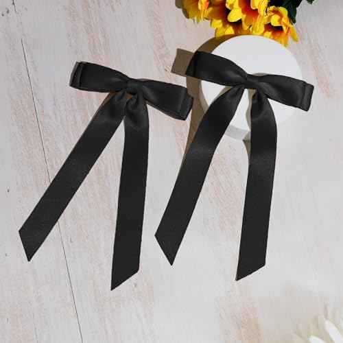 2PCS Black Hair Bows Solid Satin Polyester Ribbon Bow Hair Clips Ponytail Big French Hair Barrettes with Long Tail Wedding Dress Decor Hair Accessories for Women Toddler Teen Girls