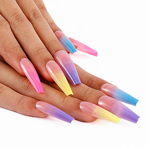 Blufly Colorful Long Press on Nails Glossy Coffin Fake Nails Designed Cute Ballerina Full Cover Acrylic False Nails Tips for Women and Girls 24Pcs (Colorful Ombre)