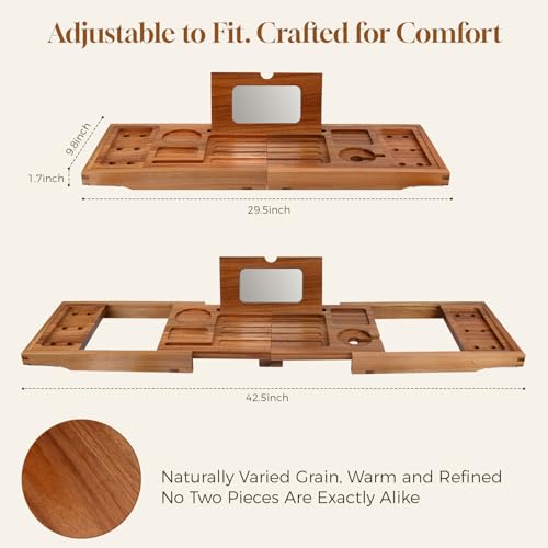 Foldable Acacia Wood Bathtub Tray, Extendable Bath Caddy 29.5"-42.5"