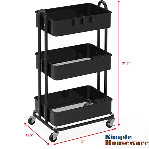 Simple Houseware Heavy Duty 3-Tier Metal Utility Rolling Cart, Black