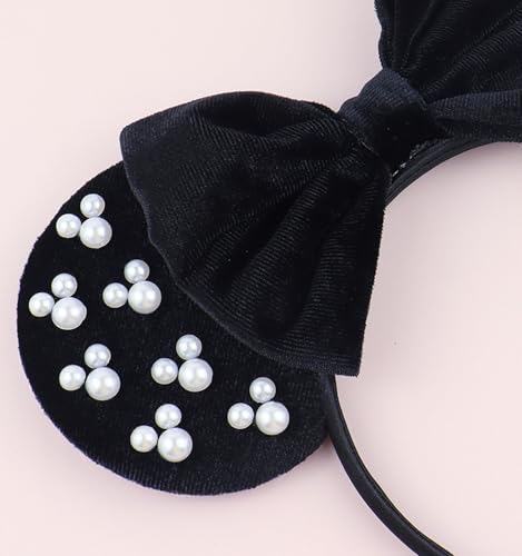 LIHELEI Velvet Pearl Mouse Ears Headband for Women Halloween Costume Party Hair Accessories - Black Pearl, Size 9x7"