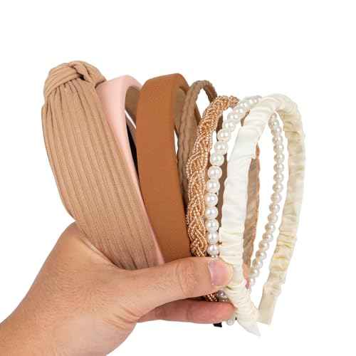 7 Pack Headbands for Women Fashion,Wide Headband Trendy Non Slip Girls Pearl Head Bands,Neutral Multi-style Hairbands Hair Accessories Christmas Gifts For Thin Thick Hair Wash Face SPA ( Brown )