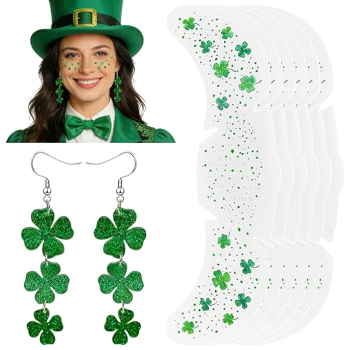 St Patrick's Day Accessories Set - Shamrock Earrings & Glitter Tattoos