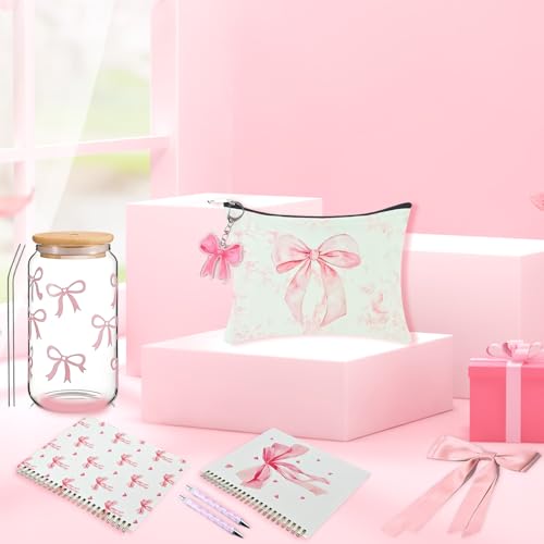 Coquette Pink Bow Stuff Gift Set with Bow Cup, Preppy Makeup Bag, Bow Notebook, Keychain Accessories Bow Themed Presents for Girls Women