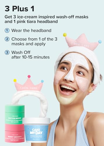 I DEW CARE Wash-off Masks with Headband Set - Scoop Party | With Hyaluronic Acid, Gift Set, Skincare Essentials, Wash-off Face Masks, Crown, Moisturizing, Hydrating, Soothing