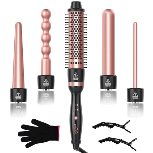 Sixriver 5-in-1 Rose Gold Curling Wand Set with Ceramic & Thermal Brush, 0.4-1.25 inch