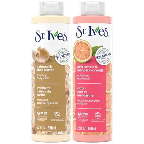 St. Ives Body Wash Variety 2-Pack, Soothing Oatmeal & Shea Butter + Exfoliating Pink Lemon & Mandarin Orange, 100% Natural Extracts, Cruelty-Free, 22 Oz Ea