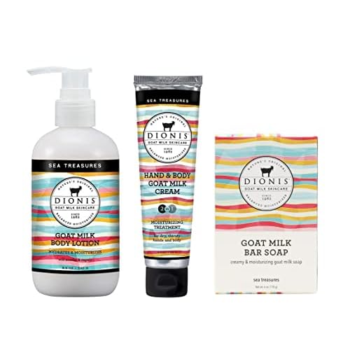 Dionis Goat Milk Skincare Sea Treasures Scented Lotion 8.5oz, Hand & Body Cream 3.3oz and Bar Soap 6oz Bundle