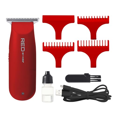Red by Kiss Hair Clipper, Mini Cordless Hair Trimmer, Long Lasting Hair Cutting Kit, USB-C Rechargeable Haircut Beard Trimming Clippers for Men Women Kids, Portable Grooming Kit (Red)
