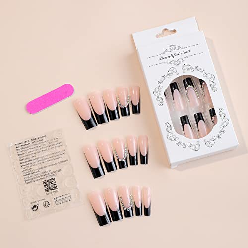 LPOODDNU Black French Tip Square False Nails, 24 Pcs Reusable Nails with 3D Rhinestone Design, Glossy Glue on Nails for Women Girls