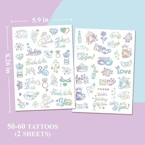 Bride Squad 50+ PCS Bachelorette Temporary Tattoos -Bridesmaid Favor, Bride to Be Gift, Bridal Shower Supplies,Flash Glitter Iridescent Metallic Tattoos Bachelor Party Favors