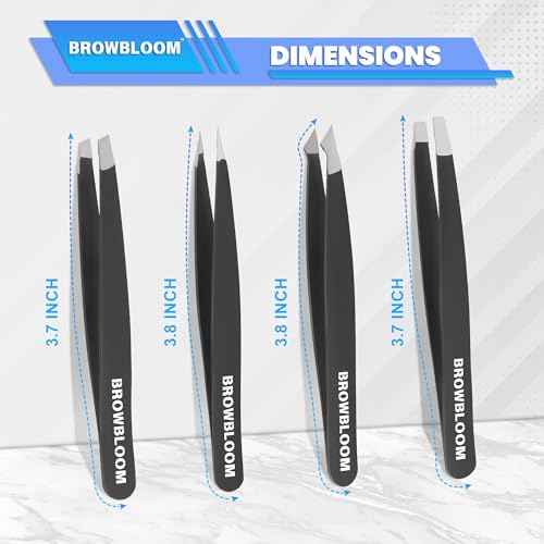 4Piece Set of Professional Tweezers for Women Facial Hair, Black Stainless Steel Precision Tweezer for Ingrown Hair, Eyebrow Tweezers for Men Comes in Carrying Pouch (Black Set)