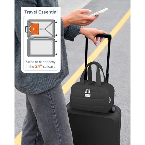 TOPDesign Travel Toiletry Bag for Women, Puffer Large Toiletry Bag, Lightweight Cosmetic Makeup Organizer with Handle for Traveling, Accessories, Essentials, Toiletries (Black)