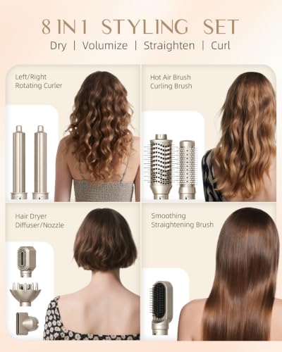 RUCHA 8 in 1 Hot Air Styler & Hair Dryer Brush - Champagne Gold