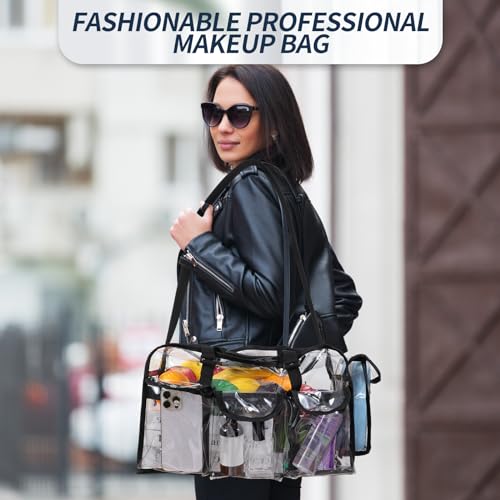 Abbylike 2 Pcs Large Professional Clear PVC Travel Makeup Bag with 4 External Pockets and Shoulder Strap Zippered Toiletry Bags for Women(Black)