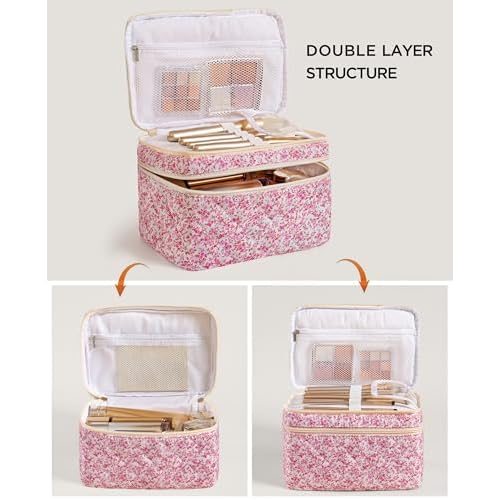 HBselect 2Pcs Travel Makeup Bag, Large Cotton Quilted Makeup Bag Cosmetic Bag Cute Make up Bag Toiletry Bags for Women Girls