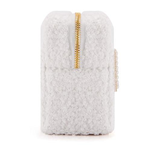 Personalized Initial Travel Makeup Bag, Makeup Bag Travel Cosmetic Bag, Sherpa Teddy Pearl Letters A