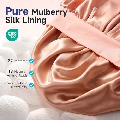 Umisleep Silk Bonnet, Soft Hair Bonnet for Sleeping, Real Mulberry Silk Lining, Bonnets for Women Hair Care, Double Layer Hair Cap with Tie, Large Silk Hair Wrap for Curly Long Hair, Blush Pink