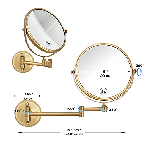 8 Inch Brass Bathroom Magnifying Mirror Wall Mounted 5X, 360 Swivel Extendable Arm Cosmetic Mirror, Home Bathroom Shaving Vanity Mirror, Brushed Antique Brass