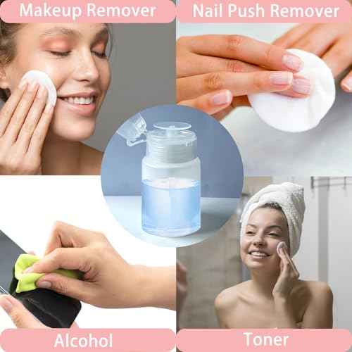 3 Pack Push Down Pump Dispenser with 6 Labels, Empty Push Top Bottles for Nail Polish, Makeup Remover, Micellar Water, Essence, Dish & Facial Toner, 2oz/60ml