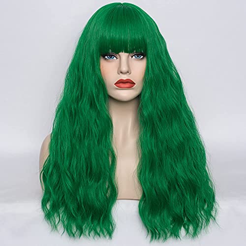 WGPFWIG Women's Dark Green Wig Short Curly Wavy Wig Shoulder Length Flat Bangs Wig For Women Girl Cosplay Party Halloween Wig Cap Included (22''Dark Green)