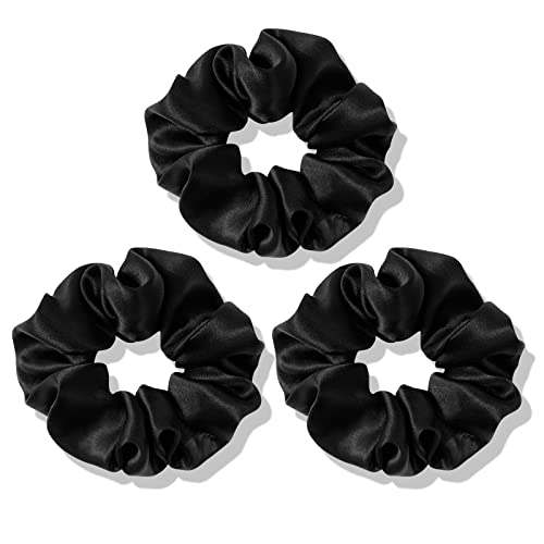 OLESILK Dark Night Black 100% Mulberry Silk Scrunchies for Women, No Damage Hair Ties (3 Pack)