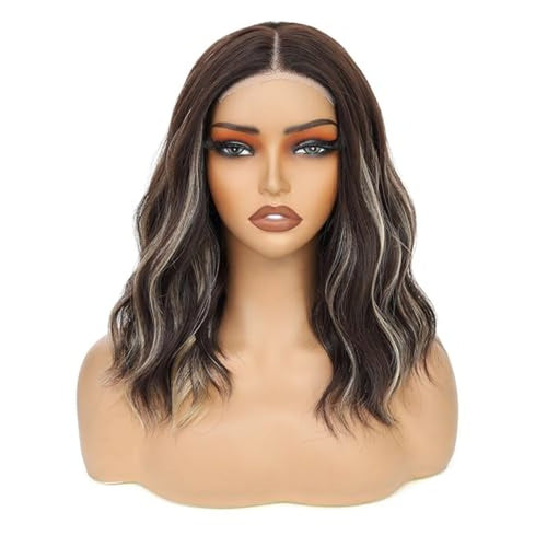 14 Inch Short Wavy Wig Brown Blonde Highlight Lace
