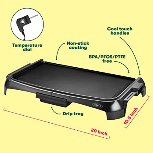 BELLA Electric Griddle & Flat Grill with Nonstick Large Cooking Surface and Removable Probe for Eggs, Tortillas, Pancake and more, 10.5" x 20", Black