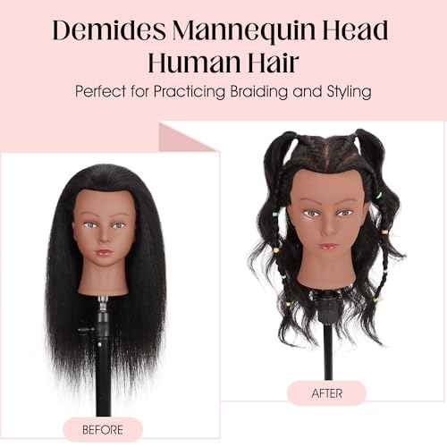 Mannequin Head Human Hair with Ttipod Stand, 100% Real Human Hair Mannequin Head for Braiding, Cosmetology Hair Mannequin Head for Hair Styling with Adjustable Stand Tripod