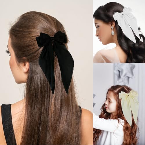 Fancylovesotio 4PCS Silky Satin Hair Bows Clip Hair Ribbons with Long Tail Hair Barrettes with Metal Clips and Bowknot Hair Accessories for Girls Teens Kids