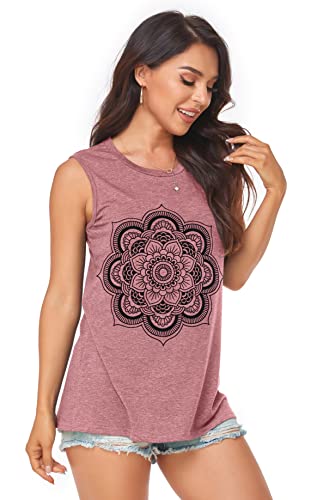 Tops for Women Casual Sleeveless Scoop Neck Flower Graphic Loose Fit Workout Tank Tee Shirts(Pink Flower, S)