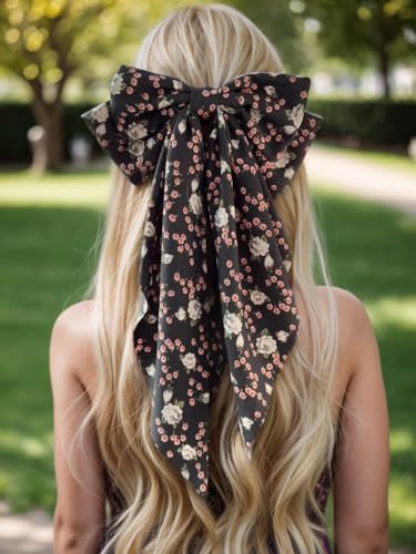 LFOUVRE Black Bow Clip 3pcs, Floral Hair Bow Clips for Girls with Tail, Big Hair Bows for Women, Bows for Girl Bowknot Barrettes, Hair Accessories