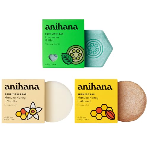 ANIHANA Fresh Start Bath and Body Spa Gift Set Bundle, 1 Shampoo Bar, 1 Conditioner Bar, and 1 Body Wash