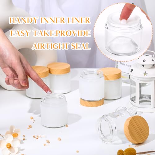 Norme 12 Pcs 4oz Glass Jars with Lids Empty Small Glass Containers and Inner Liners Reusable Cosmetic Jars Round Airtight Bottles with Plastic Wood Grain Lids for Travel