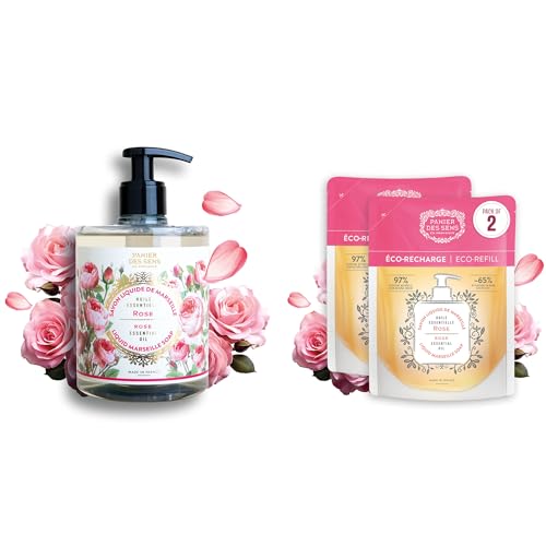Panier des Sens - Rose Marseille Liquid Hand Soap + 2 Hand Soap Refills - Moisturizing Soap with Coconut Oil - Bathroom & Kitchen Foaming Soap - 96% Natural Ingredients Hand Wash - 50.7 Fl.oz