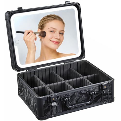 Makeup Case with LED Mirror, Makeup Bag with Lighted Mirror, Travel Cosmetic Train Case Organizer with Adjustable Dividers and Tool Panel for Brushes Fluid-Black