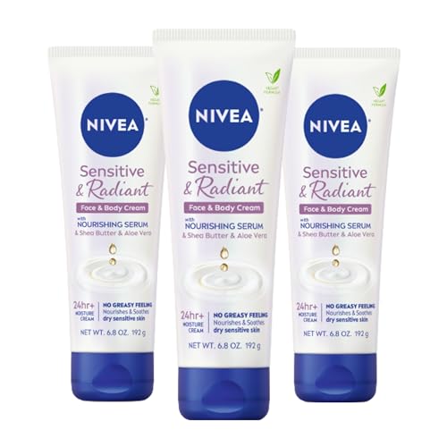 NIVEA Sensitive and Radiant Face and Body Cream for Dry, Sensitive Skin, Vegan Body and Face Moisturizer with Shea Butter and Aloe Vera, 6.8 Oz Tube