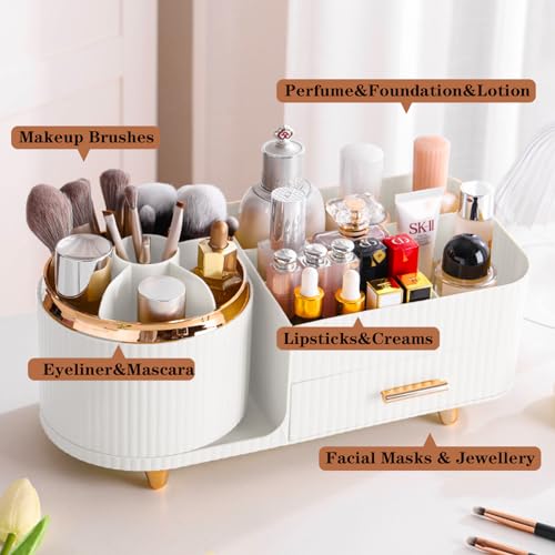 COMFYROOM White Rotating Makeup Organizer with Drawer – Large Vanity Storage