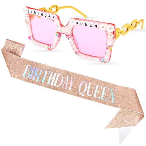 Rose Gold Birthday Queen Sash & Glasses Set