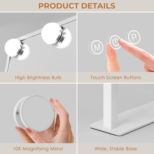 Vanity Mirror with Lights, Makeup Mirror with 3 Lighting Modes, Light Up Mirror with Touch Sensor, AC-Powered, 360 Rotatable, Metal Frame, with Detachable 10X Magnifying Spot Mirro, 14.1"