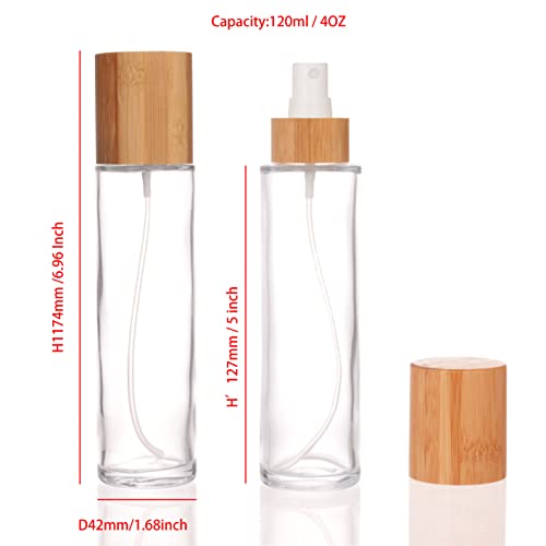COSIDEA 4 pcs Empty 4oz /120ml bamboo lid clear glass spray bottle with fine mist despenser head for liquid perfume toiletries containers, toner bottles