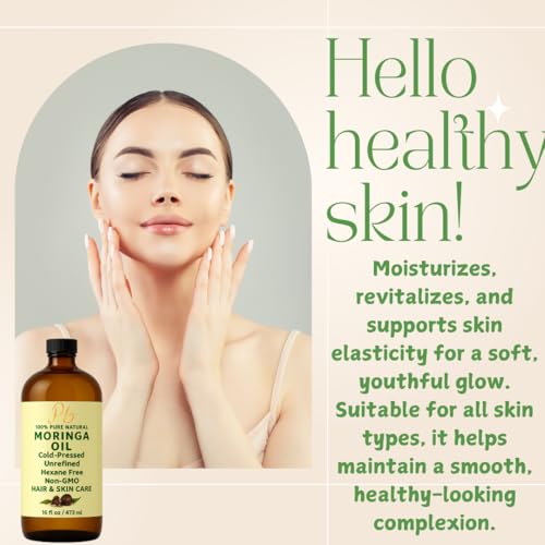 Moringa Oil ? 100% Pure, Cold-Pressed & Unrefined ? Moringa Seed Oil for Face, Skin, Hair & Body ? Hydrating, Anti-Aging Moisturizer ? 16 fl oz Amber Glass Bottle with Pump