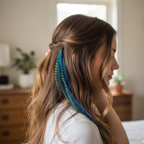 Feather Hair Extensions - Ocean Blue & Aqua Mix, 5 Pack, 7-10 Inches