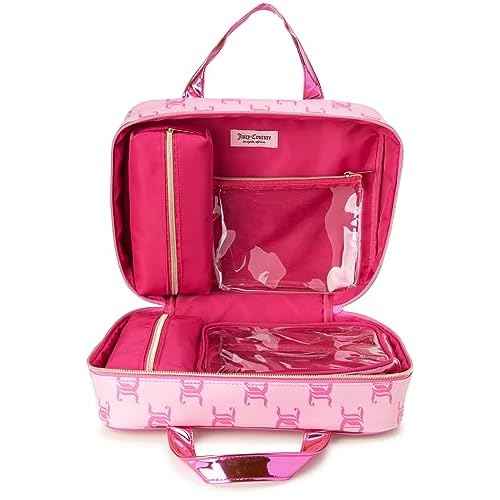 Juicy Couture Pink Makeup Bag Cosmetics Organizer Travel Essentials Weekender Logo Shiny Trim