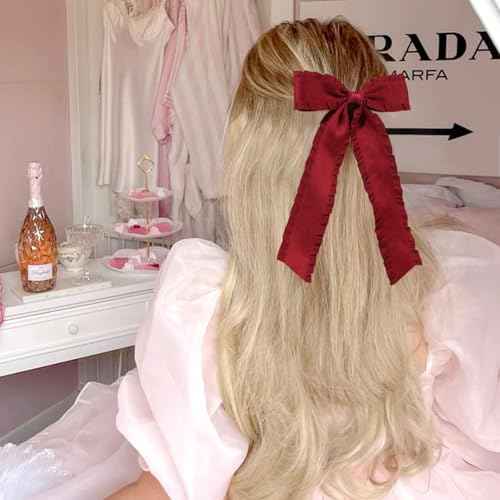 VOBOBE 2PCS Hair Bows for Women Girls, Red Tassel Hair Ribbon Bowknot Hair Clips Barrettes Hair Accessories for Girl with Long Tail (Red)