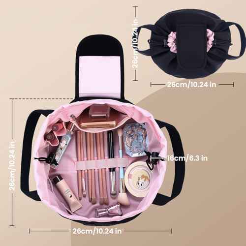 Lay Flat Drawstring Makeup Bag,Travel Cosmetic Organizer for Women,Large Capacity Toiletry Bag,Portable Open-Flat Design for Skincare and Makeup Brushes (Pink)