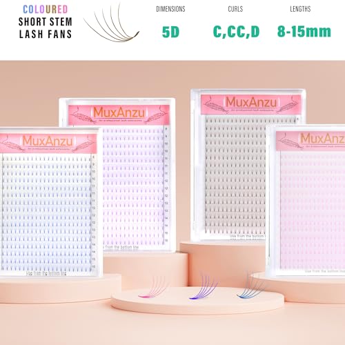 Eyelash Extension Colored Premade Lash Fans Short Stem Volume Lash Extensions Supplier 5D Pink Blue Purple Brown 352 Clusters C/D Curl 0.07/0.10 8-15mm MIX (Purple, 5D 0.10 C 8-15MIXED)