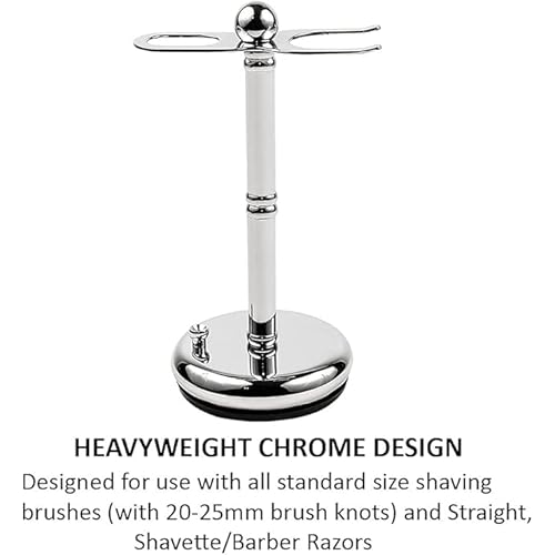 Parker Deluxe Chrome STRAIGHT RAZOR & SHAVE BRUSH Stand ? Heavyweight Chrome-Plated Holder with Non-Slip Rubber Base ? Fits Straight, Barber Razors & 20?25 mm Shaving Brushes ? Wet Shaving Organizer